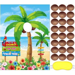 Faccito Hawaiian Theme Party Game Pin The Coconut on The Palm Tree Hawaii Tropical Pin Game Luau Party Supplies with 24 Pcs Coconut Stickers for Hawaiian Summer Beach Birthday Tiki Pool Party