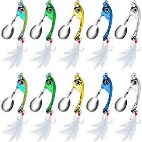 10 Pack Fishing Lures Tail Spinners Bait Metal Sinking Lures Brass Fishing Spinner baits with Treble Hooks for Freshwater Saltwater