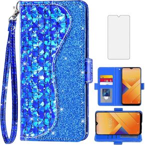 Asuwish Phone Case for Cricket Icon 6 SL219C/AT&T Verge SL219A Wallet Cover with Tempered Glass Screen Protector and Wrist Strap Flip Credit Card Holder Bling Glitter Cell Icon6/ATT Women Girls Blue