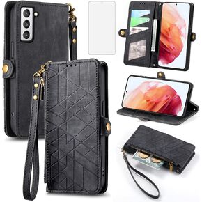 Asuwish Phone Case for Samsung Galaxy S21 FE 5G Wallet Cover with Tempered Glass Screen Protector and Flip Zipper Card Holder Cell Accessories S 21 EF S21FE5G UW S21FE 21S G5 6.4 inch Women Men Brown