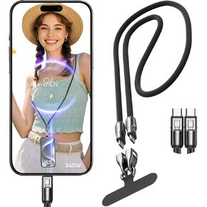 2 in 1 USB-C Phone Lanyard Cable, 240W Fast Charging & Data Transfer Strap, Crossbody Type-C Cord for Samsung Galaxy S25 S24 S23, Xiaomi, iPhone 16 15 Series and Other USB-C Devices–Colorful