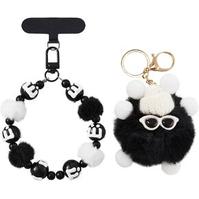Cute Phone Lanyard Wrist Strap Tether Tab & Plush Pompom Key Chain Beaded Keychain Bag Charm for Women in Kuwait