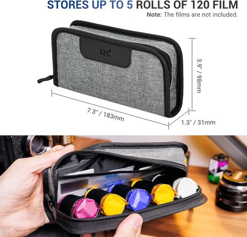 JJC Portable 120 Film Canister Bagous ، حقيبة تخزين للحالة المصنوعة للأفلام لمدة 5 لفات من 120 فيلمًا متوسطة التنسيق ، صندوق تخزين حاوية كاسيت مصغرة مع حلقة حزام وحزام (بدون فيلم in Kuwait