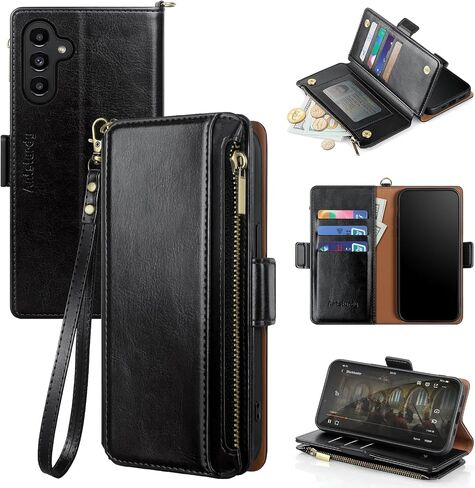 Antsturdy Compatible with Samsung Galaxy A13 5G Case Wallet with Card Holder Women Men Phone Case RFID Blocking PU Leather Flip Folio Shockproof Cover Wrist Strap Zipper Credit Card Slots,Black in Saudi Arabia