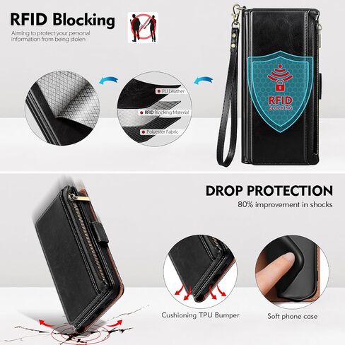 Antsturdy Compatible with Samsung Galaxy A13 5G Case Wallet with Card Holder Women Men Phone Case RFID Blocking PU Leather Flip Folio Shockproof Cover Wrist Strap Zipper Credit Card Slots,Black in Saudi Arabia