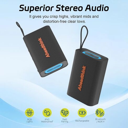 Bluetooth Speaker, Portable Wireless, IPX5 Waterproof, Bluetooth 5, RGB Color Lights, Loud Stereo Sound, Bass, TWS Pairing, for Party, Home, Outdoor, Traveling in Kuwait