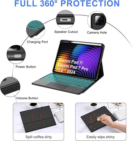 حالة لوحة المفاتيح لـ Xiaomi Pad 7/ Pad 7 Pro 11.2 بوصة ، 7 ألوان خلفية ، لوحة مفاتيح Bluetooth اللاسلكية القابلة للفصل المغناطيسي ، لوحة تتبع متعددة اللمس ، غطاء مقاوم للبقع ، قابلة لإعادة الشحن ، أسود (إضاءة خلفية) in Kuwait