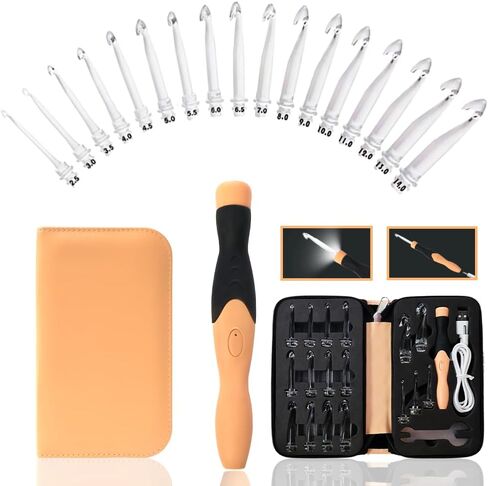 17 مقاسًا مجموعة خطافات كروشيه مضاءة 2.5 مم ~ 14.0 مم خطاف كروشيه قابل لإعادة الشحن، خطافات كروشيه مضيئة مع حافظة in Kuwait