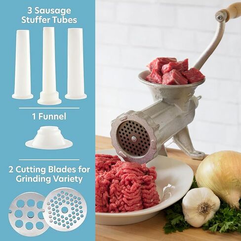 CucinaPro Cast Iron Table Mount Meat Grinder - Manual Mincer Includes Two 3/4" Cutting Disks and Sausage Stuffer Funnel, Heavy Duty- Make Homemade Ground Beef Burgers, Easy to Use and Cooking Tool in Saudi Arabia