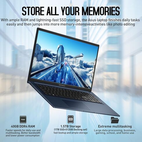 ASUS 2025 Vivobook 17 Laptop Computer, 17.3 Inch Laptop FHD, Intel Core i3, 40GB RAM,1TB SSD+512GB Docking Set, Windows 11 Pro Lifetime Office, 10-Key Number Pad, Quite Blue in Saudi Arabia