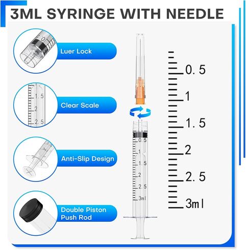 100 Pack 23 Gauge 1 Inch Needle With Syringe, 3ml Luer Lock Syringes with Needle, Individually Packaged in Saudi Arabia