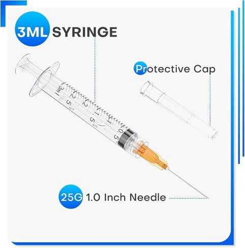 100 Pack 23 Gauge 1 Inch Needle With Syringe, 3ml Luer Lock Syringes with Needle, Individually Packaged in Saudi Arabia