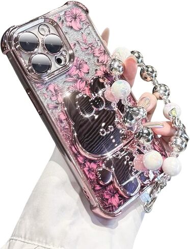 Cute flower phone cases for iPhone 16 Pro Max, rose flower pattern phone case with pearl wrist chain Bracket, removable glitter paper soft TPU shockproof protective cover 16promax cases for men women in Kuwait