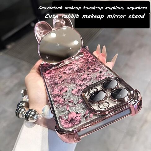 Cute flower phone cases for iPhone 16 Pro Max, rose flower pattern phone case with pearl wrist chain Bracket, removable glitter paper soft TPU shockproof protective cover 16promax cases for men women in Kuwait