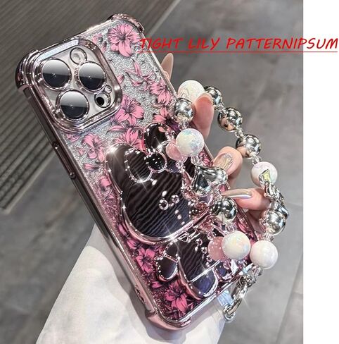 Cute flower phone cases for iPhone 16 Pro Max, rose flower pattern phone case with pearl wrist chain Bracket, removable glitter paper soft TPU shockproof protective cover 16promax cases for men women in Kuwait