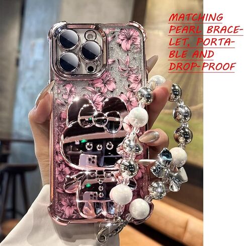 Cute flower phone cases for iPhone 16 Pro Max, rose flower pattern phone case with pearl wrist chain Bracket, removable glitter paper soft TPU shockproof protective cover 16promax cases for men women in Kuwait