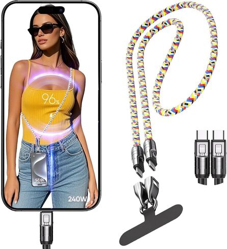 2 in 1 USB-C Phone Lanyard Cable, 240W Fast Charging & Data Transfer Strap, Crossbody Type-C Cord for Samsung Galaxy S25 S24 S23, Xiaomi, iPhone 16 15 Series and Other USB-C Devices–Colorful in Saudi Arabia