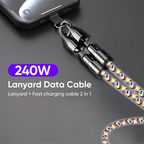 2 in 1 USB-C Phone Lanyard Cable, 240W Fast Charging & Data Transfer Strap, Crossbody Type-C Cord for Samsung Galaxy S25 S24 S23, Xiaomi, iPhone 16 15 Series and Other USB-C Devices–Colorful in Saudi Arabia