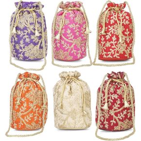 Suman Enterprises Indian Velvet Potli (Pack of 6 Potli Bag in assorted color), Jwelery Pouch, Coins Pouch