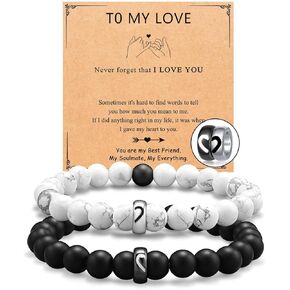 Rofusn Matching Couple Ring Soulmate Bracelets Couples: White and Black Beaded Chain Bracelets Jewelry Gift for Girlfriend Boyfriend Valentines Anniversary Birthday Engagement