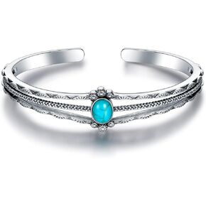 Genuine Turquoise Bracelet, Sterling Silver Boho Adjustable Bangle Cuff Native American Vintage Jewelry for Women, Fit for 6.5 7 7.5 Inches