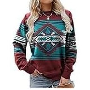 Womens Aztec Sweater Geometric Print Long Sleeve Top Cute Western Cowgirl Clothes T Shirt Pullover Sweatshirts