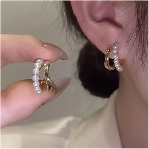 Allereyae Vintage Pearl Hoop Huggie Earrings Faux Pearl Circle Earrings Gold Layered Hoops Earrings Minimal Pearl Earrings Jewelry for Women and Girls