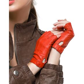 Nappaglo Women Driving Nappa Leather Gloves Half Finger Fingerless Lined Gloves