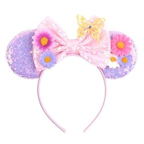 YOWOCAL Mouse Ears Butterfly Flower Headband,Sequin Bows Cosplay Costume Pink Mouse Ears Headwear for Kids Women Girls Princess Party Halloween Spring Holiday Decorations Hair Accessories Gifts