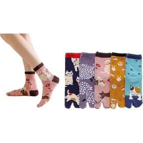 5Pairs Japanese Style Flip Flop Socks for Women Cartoon Cat Cotton Tabi Split Toe Sock
