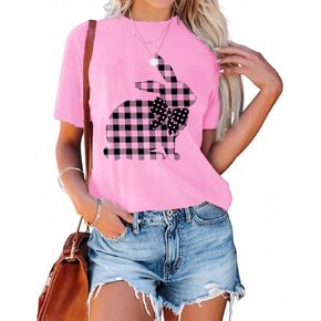 Women Easter Shirts Cute Bunny Graphic Tees Novelty Bowknot Rabbit Print Casual Short Sleeve Christian Top