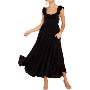 R.Vivimos Summer Dress for Women Sleeveless Boho Ruffle Square Neck Tie Back Casual Backless Flowy Midi Dress