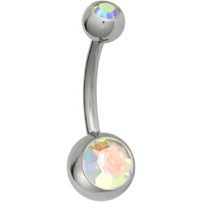 Surgical Steel Internally Threaded Aurora Borealis Double Jeweled CZ Belly Button Ring