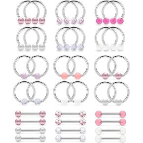 Cisyozi 14G 16G حلقات الحلمة اللؤلؤ حلقات اللسان ثقب الحديد 316L الفولاذ المقاوم للصدأ الوردي حلقات اللسان الحلمة بار ثقب الجسم مجوهرات للنساء الرجال الفضة 18 زوجًا in Kuwait