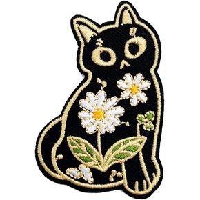 Iron On Embroidery Patch, Cute Cat and Flower Patch, Embroidered Badge Iron on/Sew on Applique Repair Patch, DIY Clothes Accessories for Clothing Backpacks Jackets Pants Jeans
