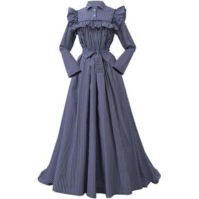 MelangCos Women's Blue Striped Regency Period Dress Vintage Ruffle Dress Colonial Pioneer Dress Costume