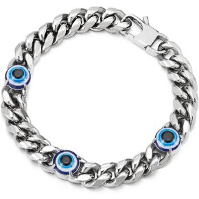COOLSTEELANDBEYOND Classic Stainless Steel Curb Chain Bracelet with Evil Eye Charms, for Men, Silver Color