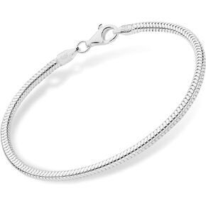 PORI JEWELERS Solid 925 Sterling Silver Italian 3MM Round Snake Chain Bracelet - for Men, Women - 7.5"- Available in Yellow, White, Rose Gold