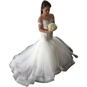 GZCYL Mermaid Flower Girls Dresses for Wedding Lace Tulle Kids Junior Bridesmaid Dress with Train