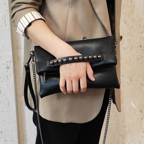NIGEDU Fold-Over Women Clutch Purse Beaded PU Leather Chain Crossbody Bag Female Envelope Evening Bags in Kuwait