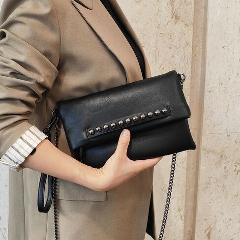 NIGEDU Fold-Over Women Clutch Purse Beaded PU Leather Chain Crossbody Bag Female Envelope Evening Bags in Kuwait