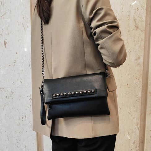 NIGEDU Fold-Over Women Clutch Purse Beaded PU Leather Chain Crossbody Bag Female Envelope Evening Bags in Kuwait