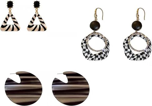 3 ازواج من الاقراط الجلدية باللونين الاسود والابيض من بانغوغوجو، اقراط مكتنزة لا تسبب الحساسية للسيدات العصريات، خطافات اذن فضية مع احجار الراين ولمسات جلدية للنساء in Kuwait