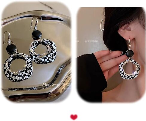 3 ازواج من الاقراط الجلدية باللونين الاسود والابيض من بانغوغوجو، اقراط مكتنزة لا تسبب الحساسية للسيدات العصريات، خطافات اذن فضية مع احجار الراين ولمسات جلدية للنساء in Kuwait