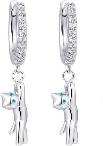 Cute Cat Dangle Hoop Earrings for Women Girls Cubic Zirconia Small Huggie Hoops Animal Pet Dangling Drop Earrings Couples Matching Earrings in Saudi Arabia