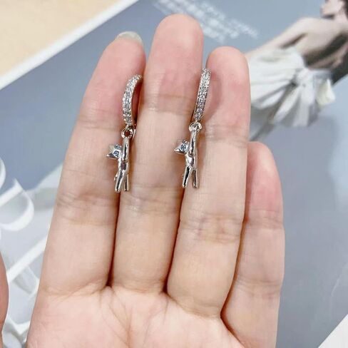 Cute Cat Dangle Hoop Earrings for Women Girls Cubic Zirconia Small Huggie Hoops Animal Pet Dangling Drop Earrings Couples Matching Earrings in Saudi Arabia