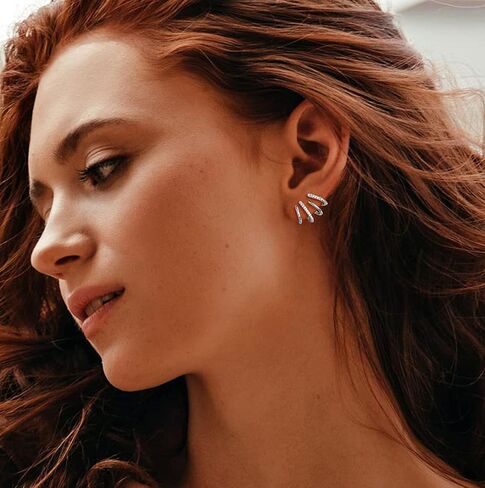 Hypoallergenic Half Hoop Earrings, 14K White Gold Plated Cubic Zirconia Half Wrap Stud Earrings, Dainty Statement Cuff Earrings for Girls Women Silver, Stainless Steel, Cubic Zirconia in Kuwait