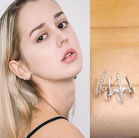 Hypoallergenic Half Hoop Earrings, 14K White Gold Plated Cubic Zirconia Half Wrap Stud Earrings, Dainty Statement Cuff Earrings for Girls Women Silver, Stainless Steel, Cubic Zirconia in Kuwait
