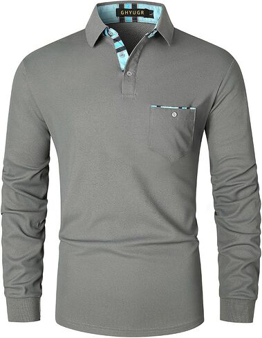 GHYUGR Men Long Sleeve Polo Shirts with Plaid Collar Golf Tennis Business Lapel Casual T-Shirt in Saudi Arabia