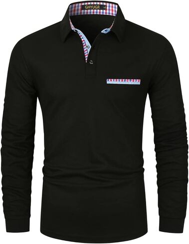 تي شيرت بولو رجالي بأكمام طويلة من GHYUGR مع ياقة منقوشة وياقة منقوشة ورياضة الجولف والتنس وطية صدر السترة كاجوال in Kuwait